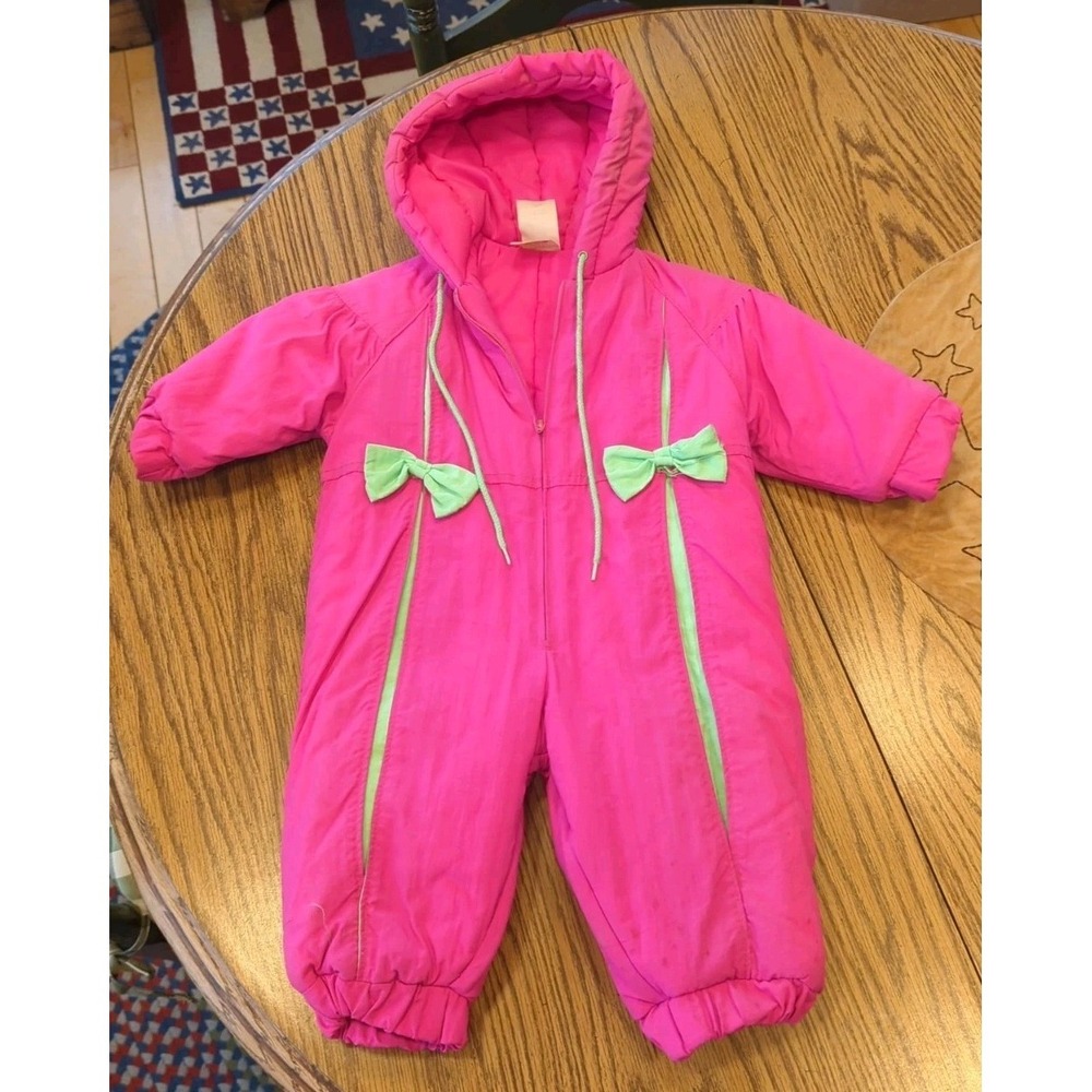Vintage Valley‎ Infant Ski Snow Suit Size 12 Mos Hot Pink And Neon Green